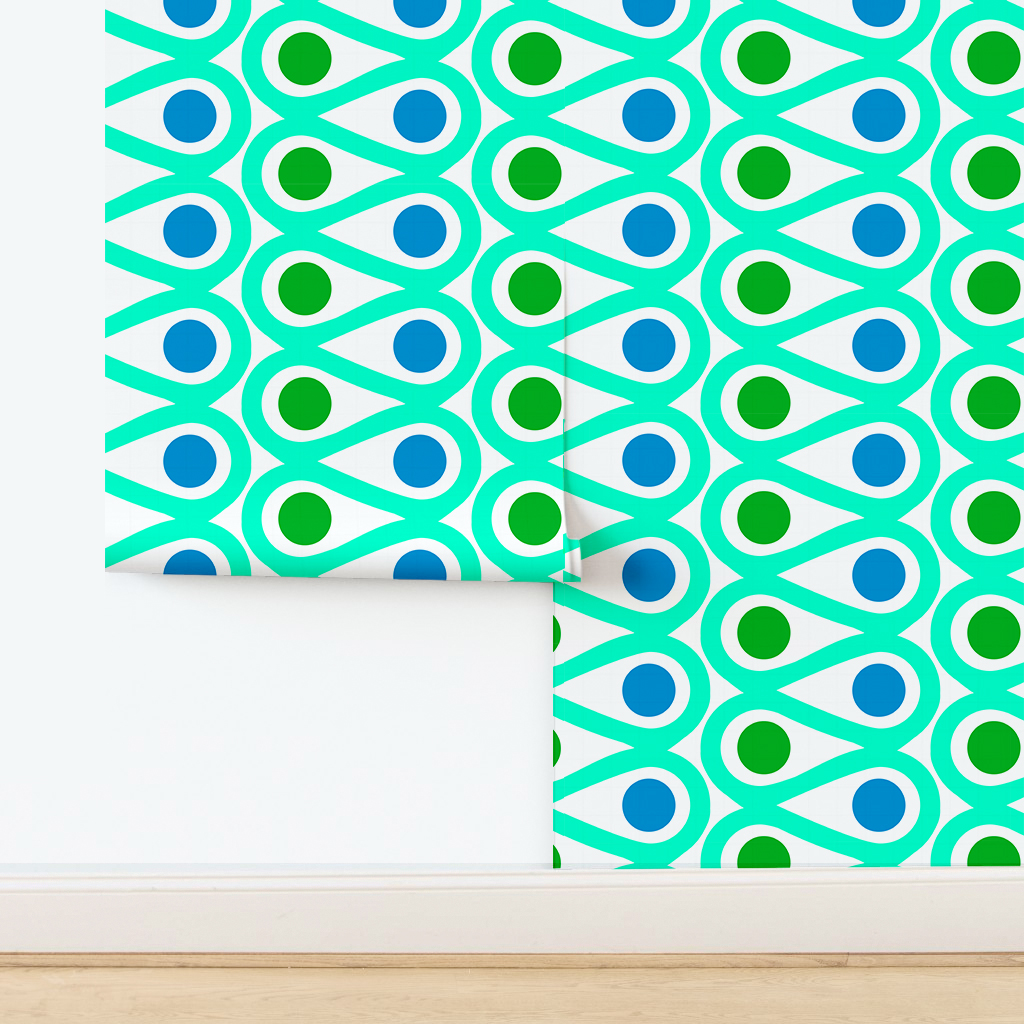 The artwork features a repetitive geometric pattern with curved, teal shapes creating loops that flow in symmetrical vertical columns. Inside the loops, there are solid circular shapes alternating between green and blue, with green circles in the left column and blue circles in the right column. The white background accentuates the vivid colors and clean lines of the design. The overall composition is balanced with a modern, vibrant aesthetic.
